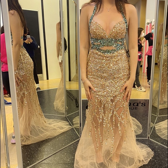 Jovani Sparkly sequenced Prom Dress, NWT, Gold beaded, Glam, Beautiful - Picture 1 of 4